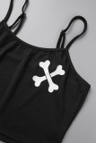 Black Casual Street Sportswear Print Solid Patchwork Spaghetti Strap Sleeveless Two Pieces
