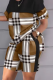 Brown Casual Plaid Print Patchwork O Neck Short Sleeve Two Pieces