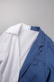 The cowboy blue Sexy Work Elegant Patchwork Buttons V Neck Irregular Dress Dresses