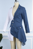 The cowboy blue Sexy Work Elegant Patchwork Buttons V Neck Irregular Dress Dresses