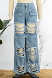 Blue Casual Street Solid Ripped Pocket Mid Waist Regular Denim Shorts