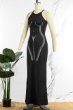 Black Sexy Celebrities Elegant Hot Drilling O Neck Wrapped Skirt Dresses
