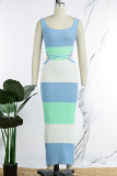Blue Sexy Sweet Celebrities Striped Hollowed Out Strap Design U Neck One Step Skirt Dresses