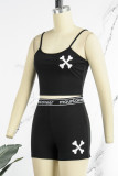 Black Casual Street Sportswear Print Solid Patchwork Spaghetti Strap Sleeveless Two Pieces