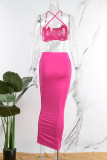 Rose Red Sexy Street Celebrities Solid Hollowed Out U Neck Sleeveless Two Pieces