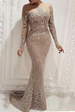 Apricot Elegant Solid Mesh Hot Drill O Neck Trumpet Mermaid Dresses