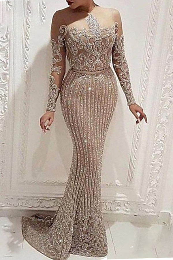 Apricot Elegant Solid Mesh Hot Drill O Neck Trumpet Mermaid Dresses
