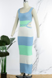 Blue Sexy Sweet Celebrities Striped Hollowed Out Strap Design U Neck One Step Skirt Dresses