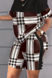 Dark Coffee Casual Plaid Print Patchwork O Neck Short Sleeve Two Pieces