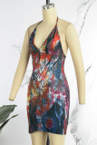 Red Sexy Street Print Frenulum Slit Halter One Step Skirt Dresses