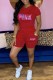 Red Casual Print Letter O Neck Short Sleeve Two Pieces