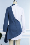 The cowboy blue Sexy Work Elegant Patchwork Buttons V Neck Irregular Dress Dresses