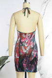 Red Sexy Street Print Frenulum Slit Halter One Step Skirt Dresses
