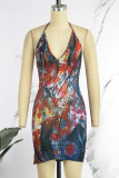 Red Sexy Street Print Frenulum Slit Halter One Step Skirt Dresses