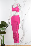 Rose Red Sexy Street Celebrities Solid Hollowed Out U Neck Sleeveless Two Pieces
