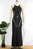Black Sexy Celebrities Elegant Hot Drilling O Neck Wrapped Skirt Dresses
