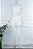 White Sexy Street Solid Patchwork See-through O Neck Long Sleeve Two Pieces
