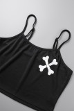 Black Casual Street Sportswear Print Solid Patchwork Spaghetti Strap Sleeveless Two Pieces