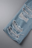 Blue Casual Street Solid Ripped Pocket Mid Waist Regular Denim Shorts