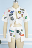 Red Casual Street Print Bandage Patchwork Cardigan Collar Short Sleeve Two Pieces