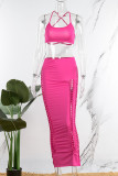 Rose Red Sexy Street Celebrities Solid Hollowed Out U Neck Sleeveless Two Pieces