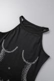 Black Sexy Celebrities Elegant Hot Drilling O Neck Wrapped Skirt Dresses