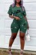 Green Casual Print Letter O Neck Short Sleeve Two Pieces