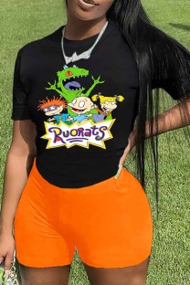 Orange Casual Character Print Letter O Neck Short Sleeve Two Pieces