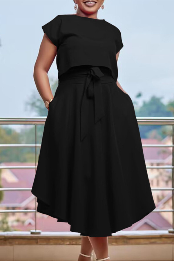 Black Elegant Solid Patchwork Flounce O Neck Short Sleeve Two Pieces(With Belt)