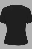 Black Casual Character Print Letter O Neck T-Shirts