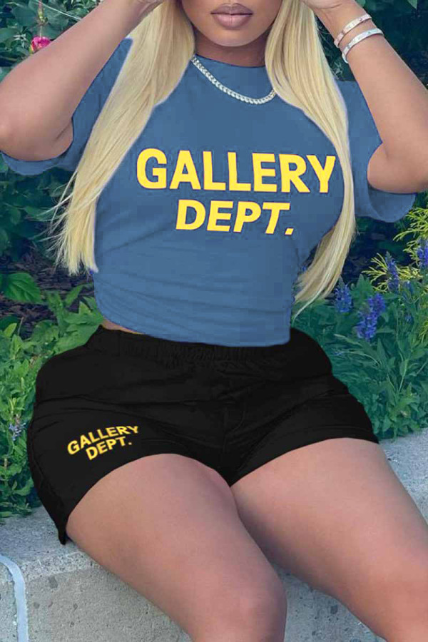 Blue Casual Print Letter O Neck Short Sleeve Two Pieces