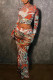 Colour Vintage Print Patchwork Mesh O Neck Long Sleeve Two Pieces