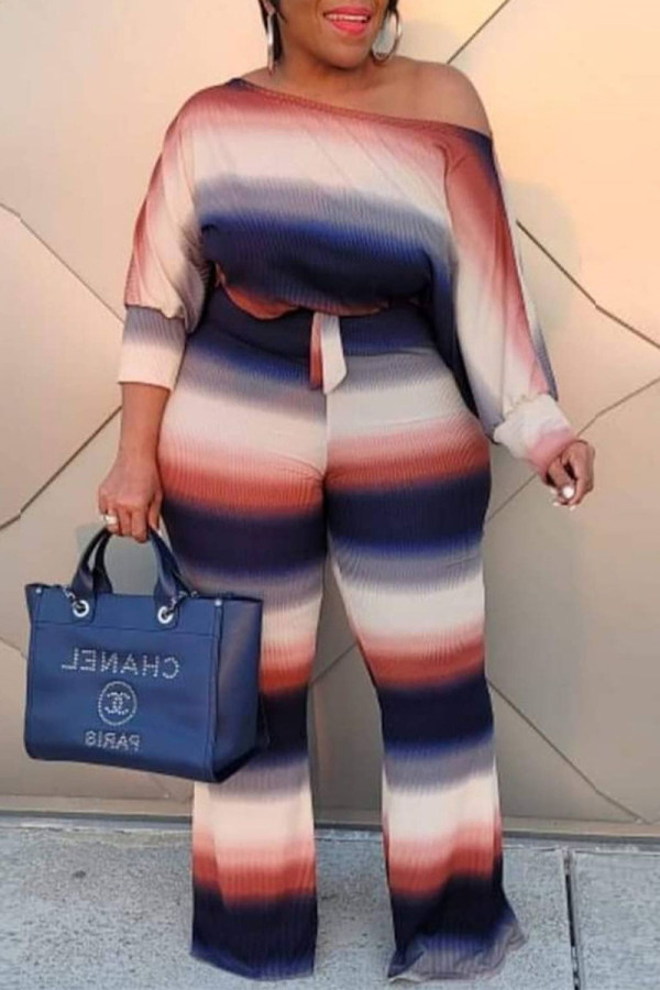 Blue Casual Striped Patchwork Frenulum O Neck Long Sleeve Two Pieces
