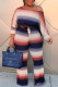 Blue Casual Striped Patchwork Frenulum O Neck Long Sleeve Two Pieces