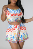 Multicolor Casual Print Patchwork Frenulum Slit Spaghetti Strap Sleeveless Two Pieces