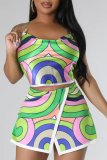Multicolor Casual Print Patchwork Frenulum Slit Spaghetti Strap Sleeveless Two Pieces
