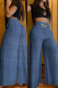 Blue Gray Casual Solid Pocket Metal Accessories Decoration Loose Wide Leg Solid Color Bottoms