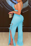 Blue Sexy Solid Fold Spaghetti Strap Sleeveless Two Pieces