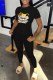 Black Casual Character Print Letter O Neck Short Sleeve Two Pieces