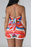 Multicolor Casual Print Patchwork Frenulum Slit Spaghetti Strap Sleeveless Two Pieces