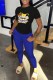 Blue Casual Character Print Letter O Neck Short Sleeve Two Pieces
