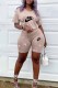Khaki Casual Print Letter O Neck Short Sleeve Two Pieces