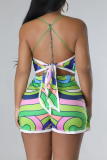Multicolor Casual Print Patchwork Frenulum Slit Spaghetti Strap Sleeveless Two Pieces
