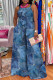 Blue Casual Vacation Simplicity Floral Vests Printing Square Collar Straight Jumpsuits