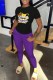Purple Casual Character Print Letter O Neck Short Sleeve Two Pieces