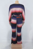 Blue Casual Striped Patchwork Frenulum O Neck Long Sleeve Two Pieces