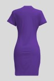 Purple Casual Character Print Letter O Neck One Step Skirt Dresses