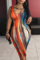 Orange Elegant Tie Dye Patchwork U Neck One Step Skirt Dresses