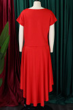 Red Elegant Solid Patchwork Flounce O Neck Short Sleeve Two Pieces(With Belt)