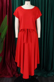 Red Elegant Solid Patchwork Flounce O Neck Short Sleeve Two Pieces(With Belt)